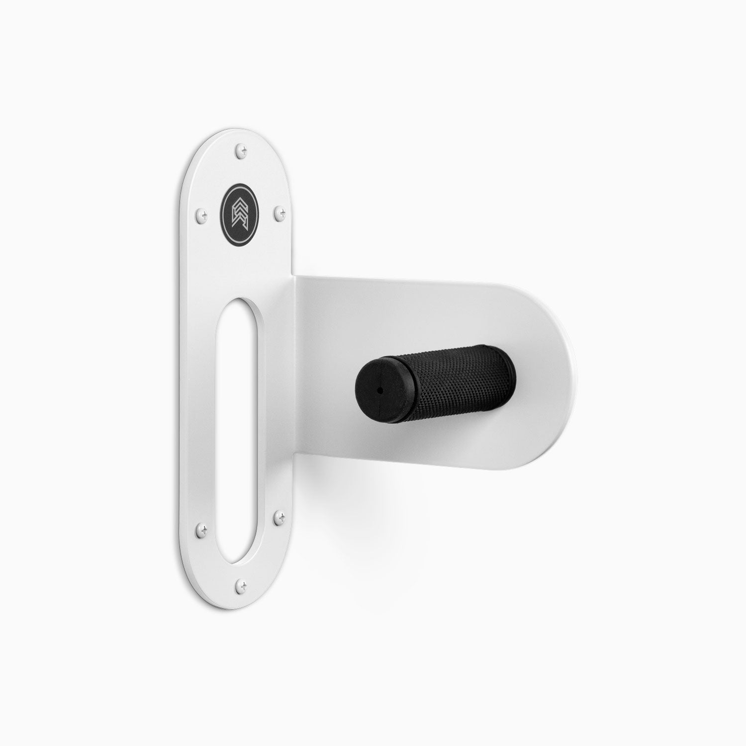 Spoke Bike Hanger – matte white color, right orientation. Modern wall or ceiling-mounted bike hanger by Shelfology, USA-made powder coated steel.