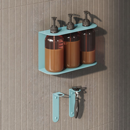 Minimalist wall-mounted Stubble Razor Holder in powder-coated metal with a shelf holding three pump bottles and two hooks for a razor, ideal for bathroom organization.