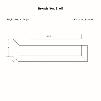 Line drawing with dimensions of the Brently Box Shelf showing a rectangular open box shape with 12 inches height, 8 inches depth, and length options of 24, 36, or 48 inches.