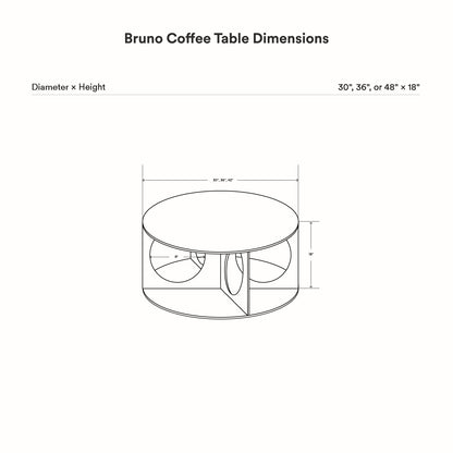 Technical line drawing showing dimensions of the Bruno Coffee Table with circular top and divided lower shelf, available in three size options.
