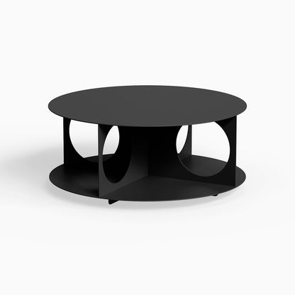 Bruno Coffee Table in sleek black metal with minimalist circular design and open storage compartments, perfect for modern living spaces.