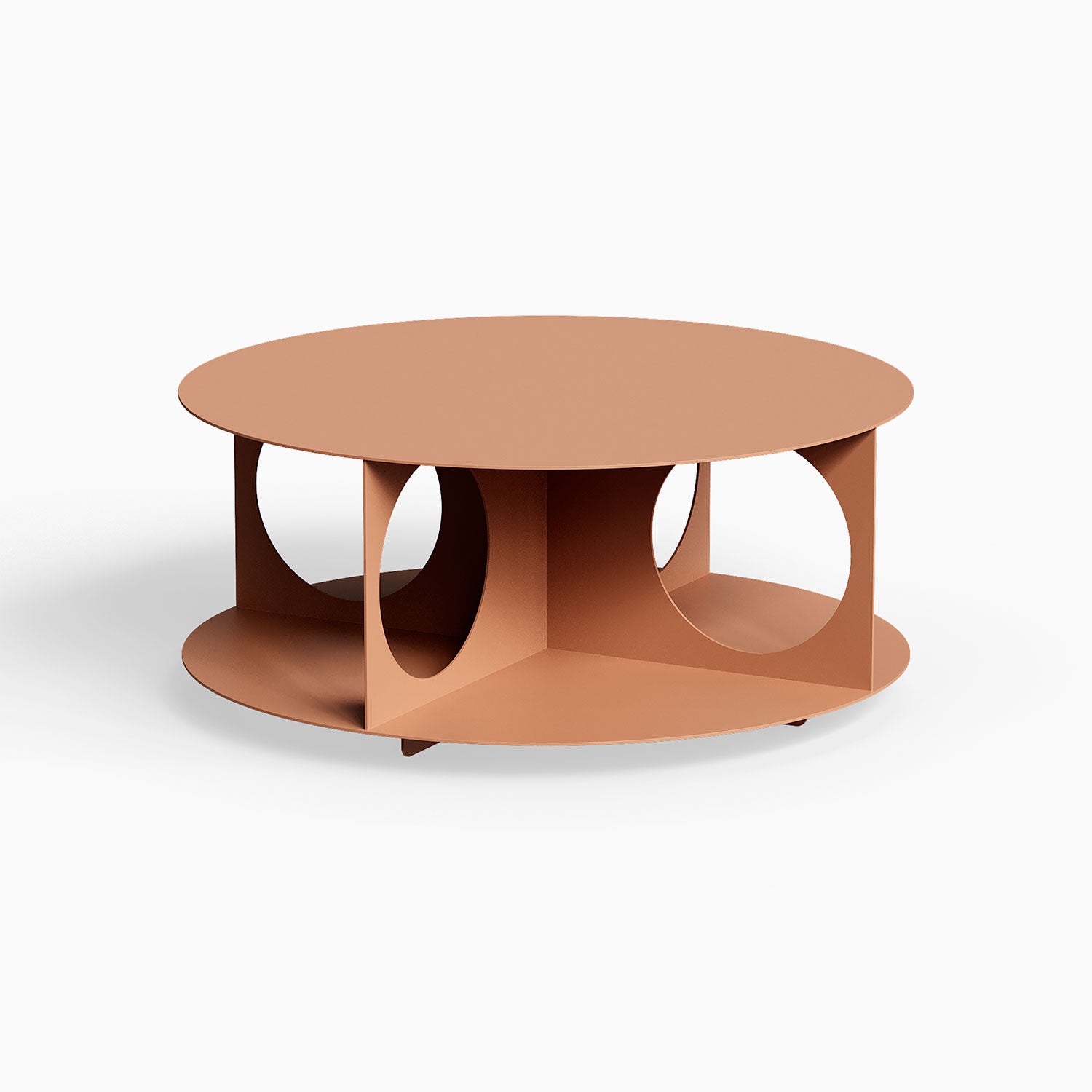 Bruno Coffee Table with minimalist circular design in matte terracotta finish, featuring open geometric cutouts for stylish functional display and storage.