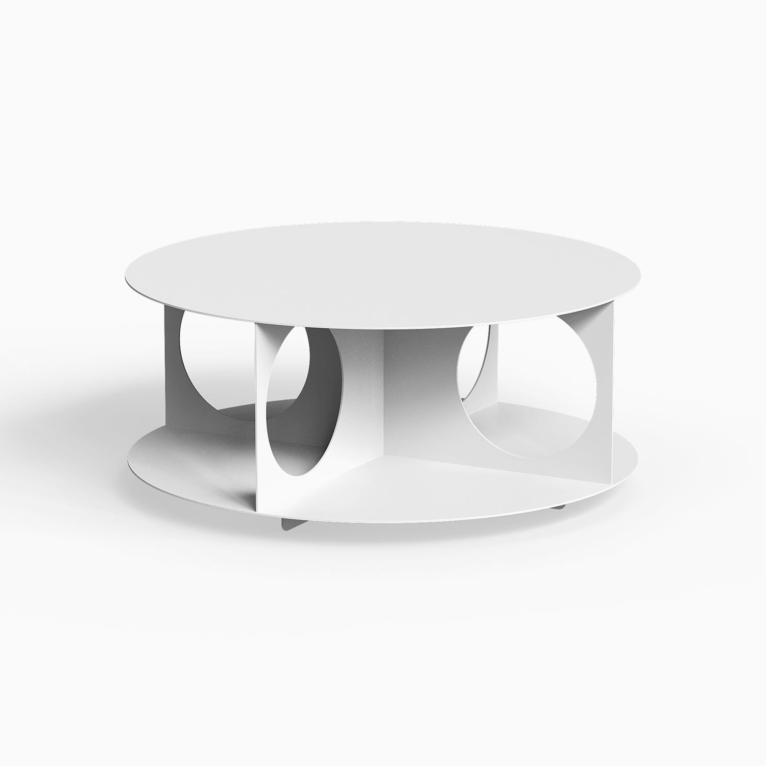 Bruno Coffee Table in white with a minimalist, circular design featuring open geometric cutouts for functional wall space organization and durable craftsmanship.