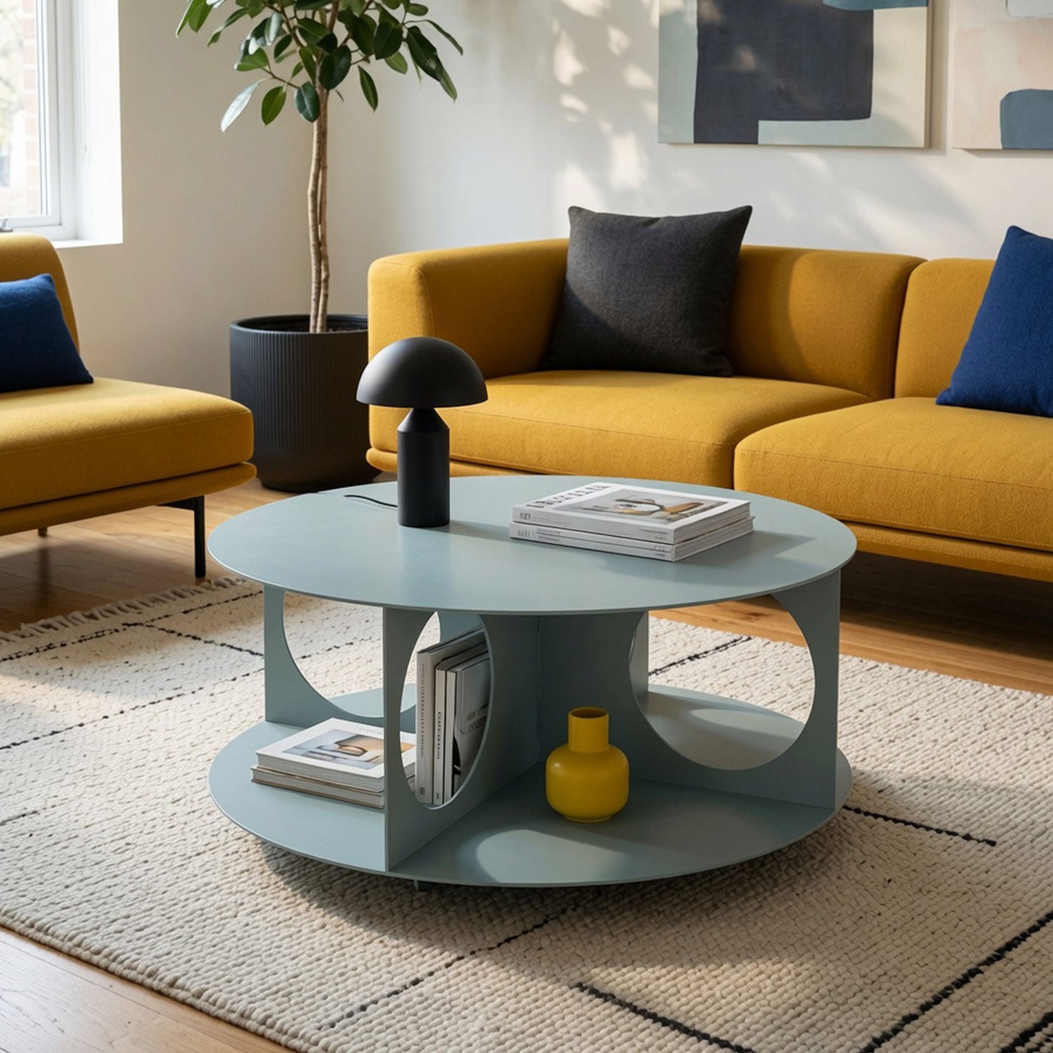 Bruno Coffee Table in a modern living room with mustard yellow sofa, black lamp, books, and decorative yellow vase on a textured rug.