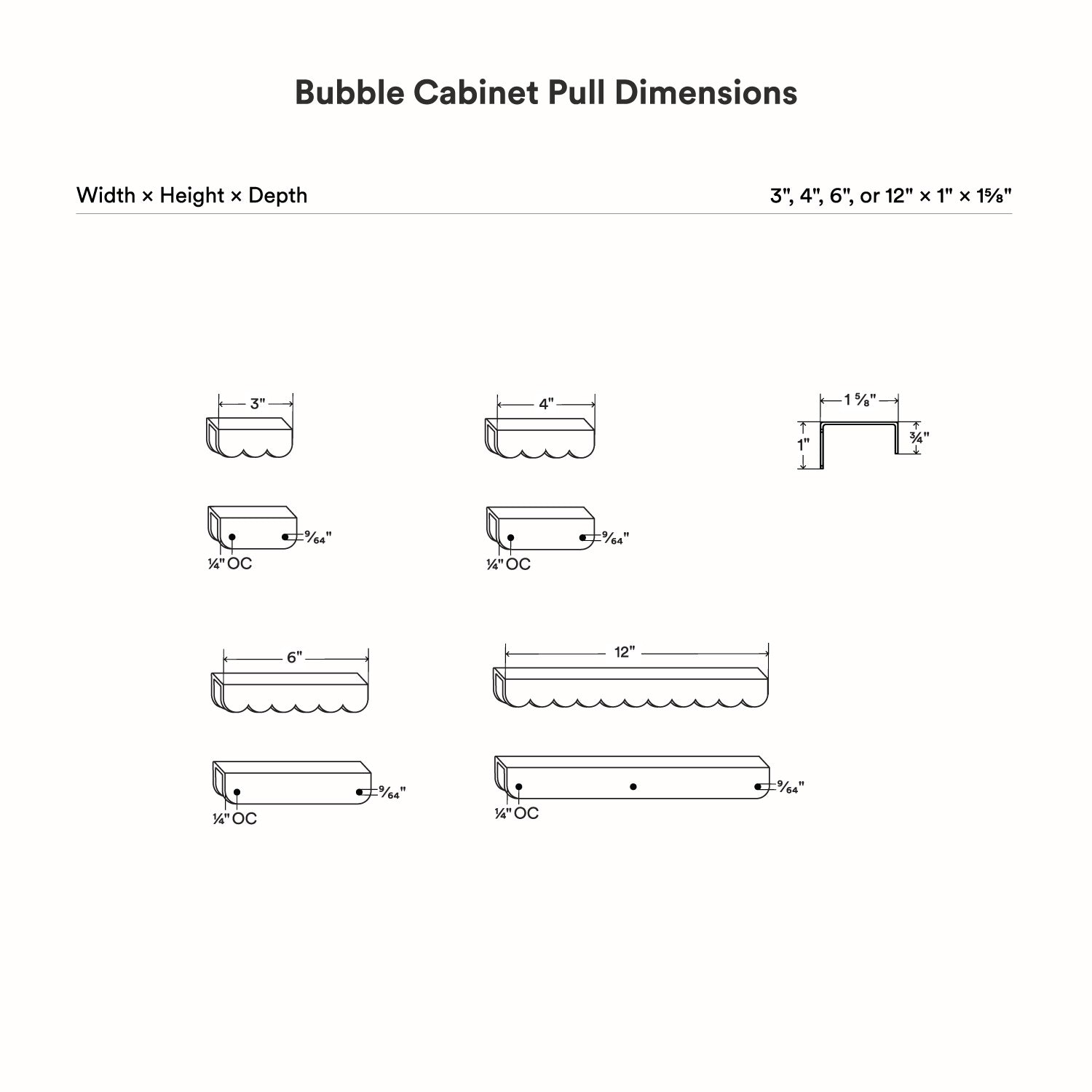 Bubble Cabinet Pull with scalloped edges available in 3, 4, 6, or 12 inches widths for versatile organization.