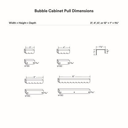 Bubble Cabinet Pull with scalloped edges available in 3, 4, 6, or 12 inches widths for versatile organization.
