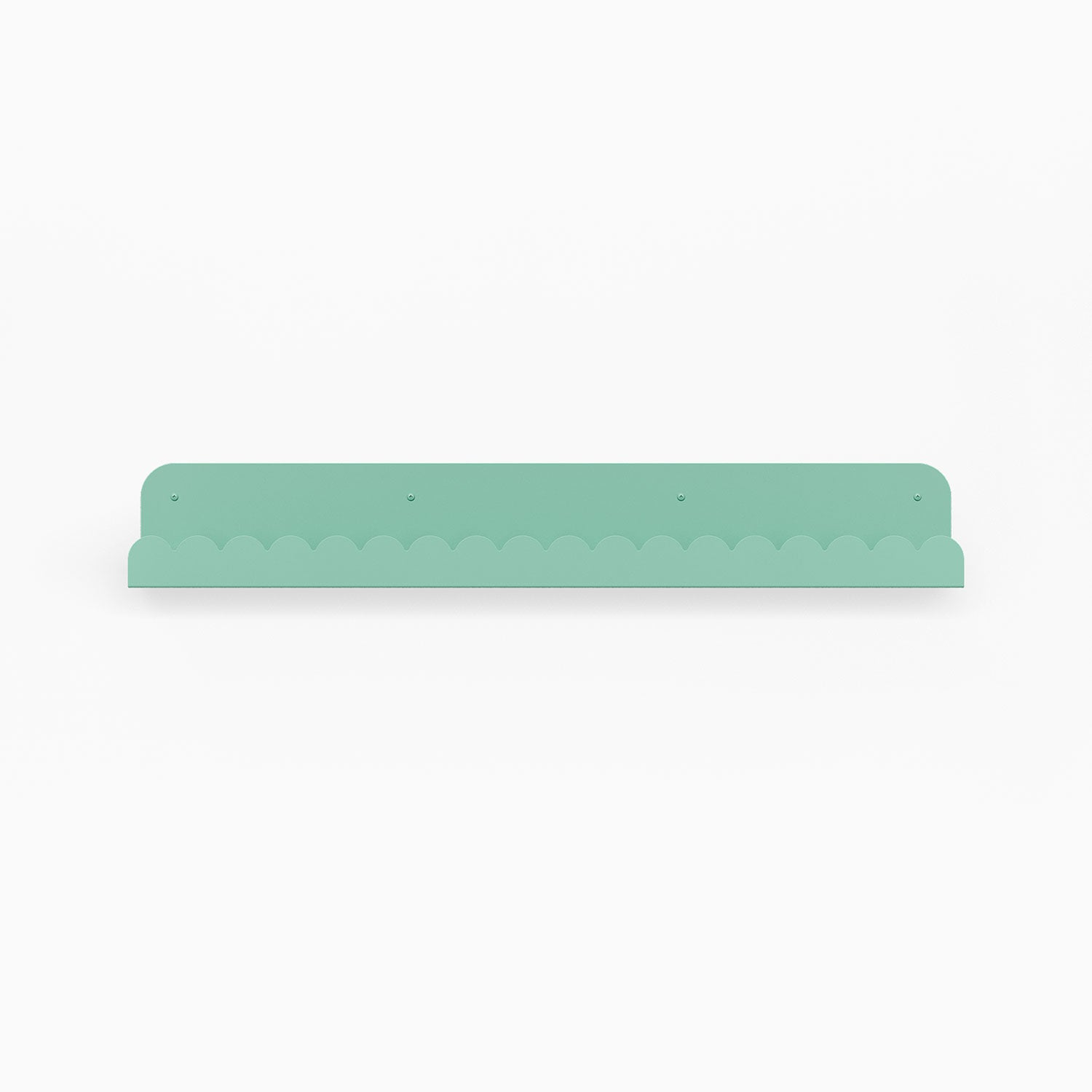 Mini Bubble Picture Ledge in aqua steel with scalloped edge, designed for stylish wall shelf display and organization