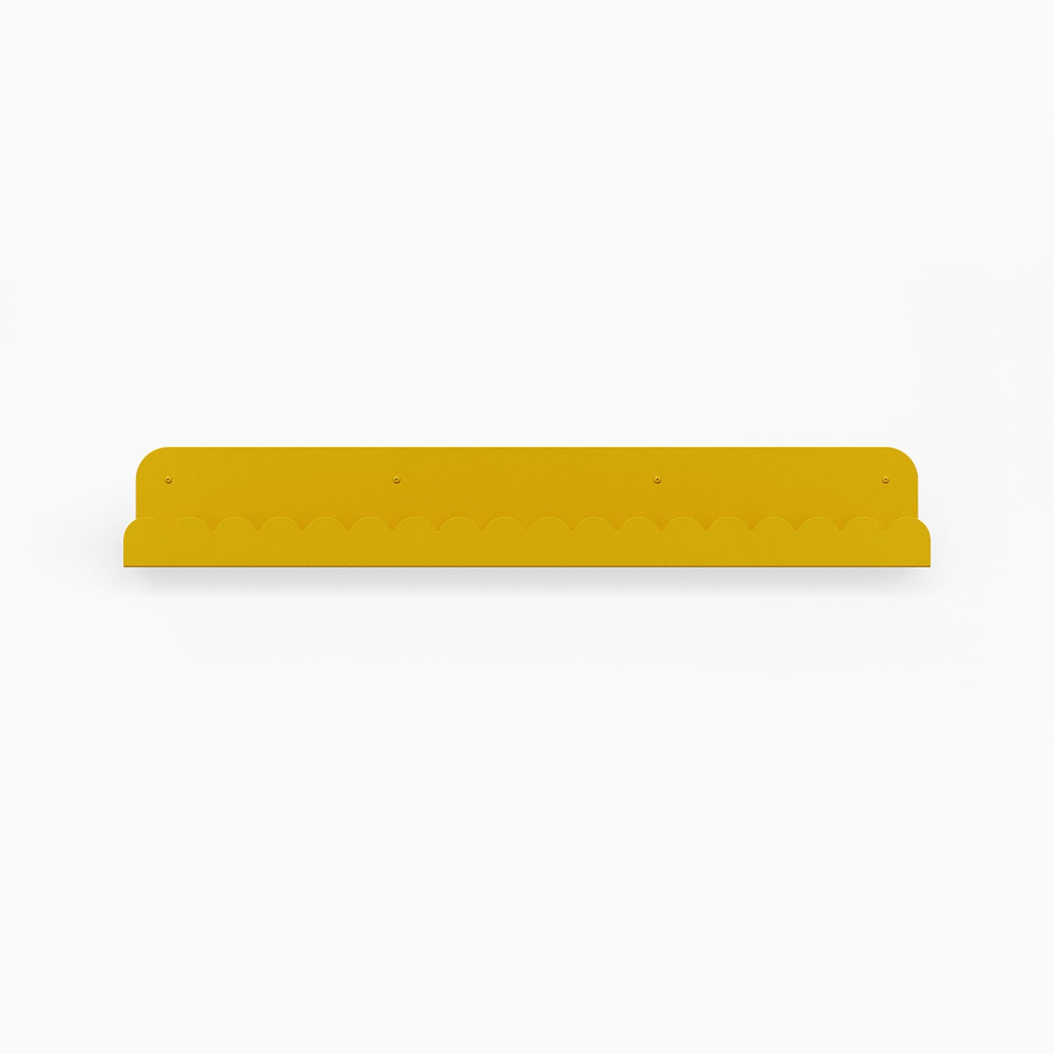 Mini Bubble Picture Ledge in warm honey mustard steel with subtle scalloped mini bubble pattern for wall organization and display