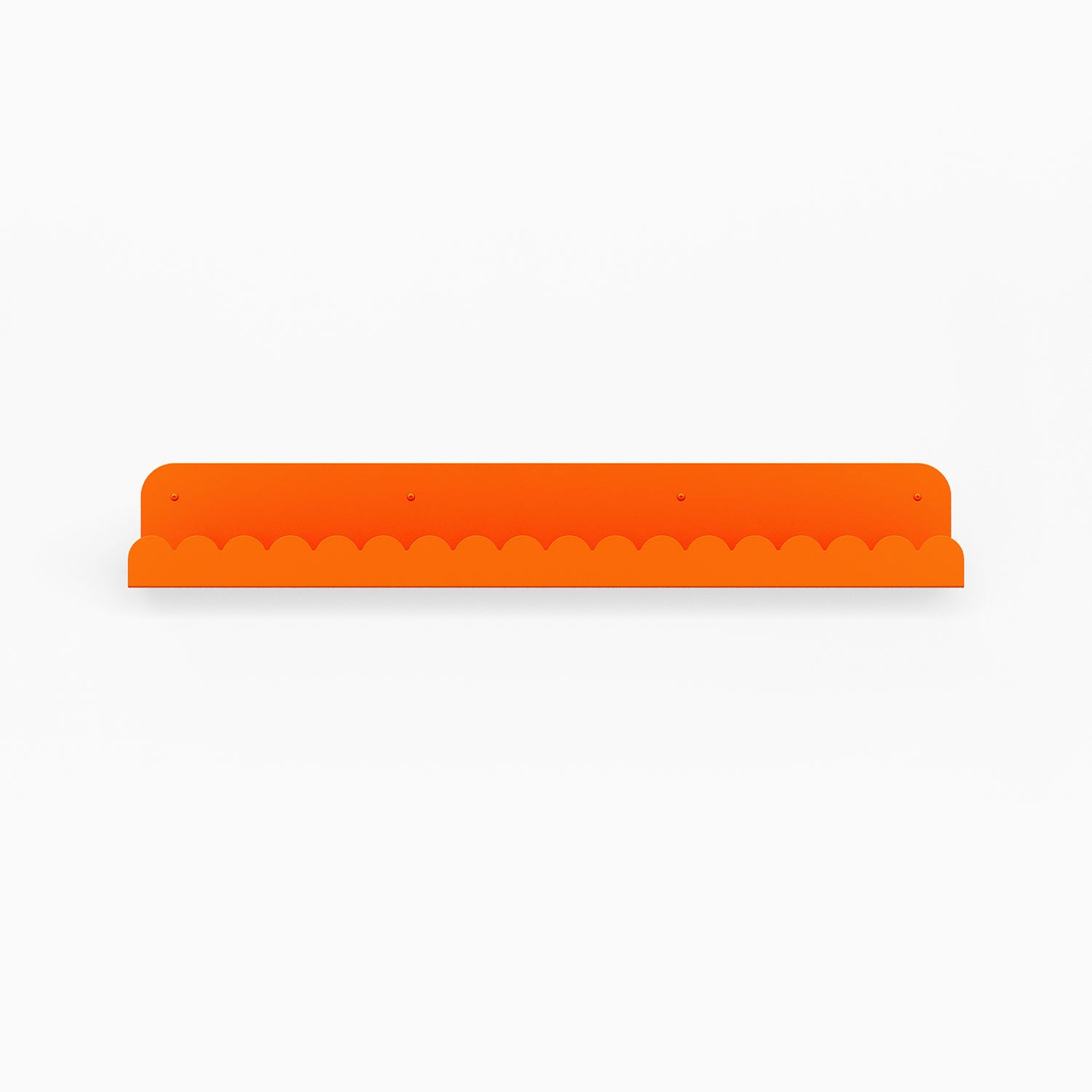 Mini Bubble Picture Ledge in bright orange steel with compact bubble edge for functional wall display and organization
