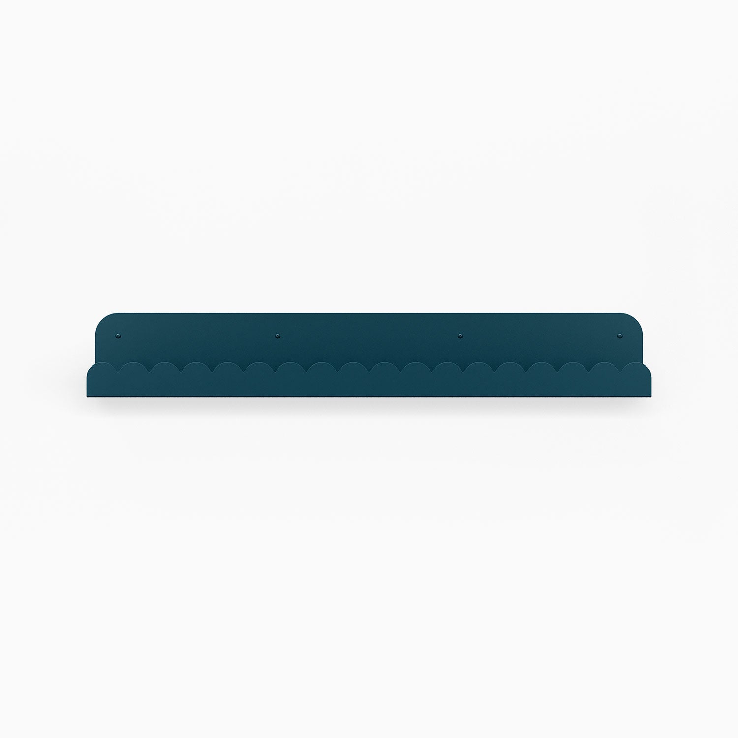 Mini Bubble Picture Ledge in deep teal steel with scalloped edge for minimalist display ledge and wall organization