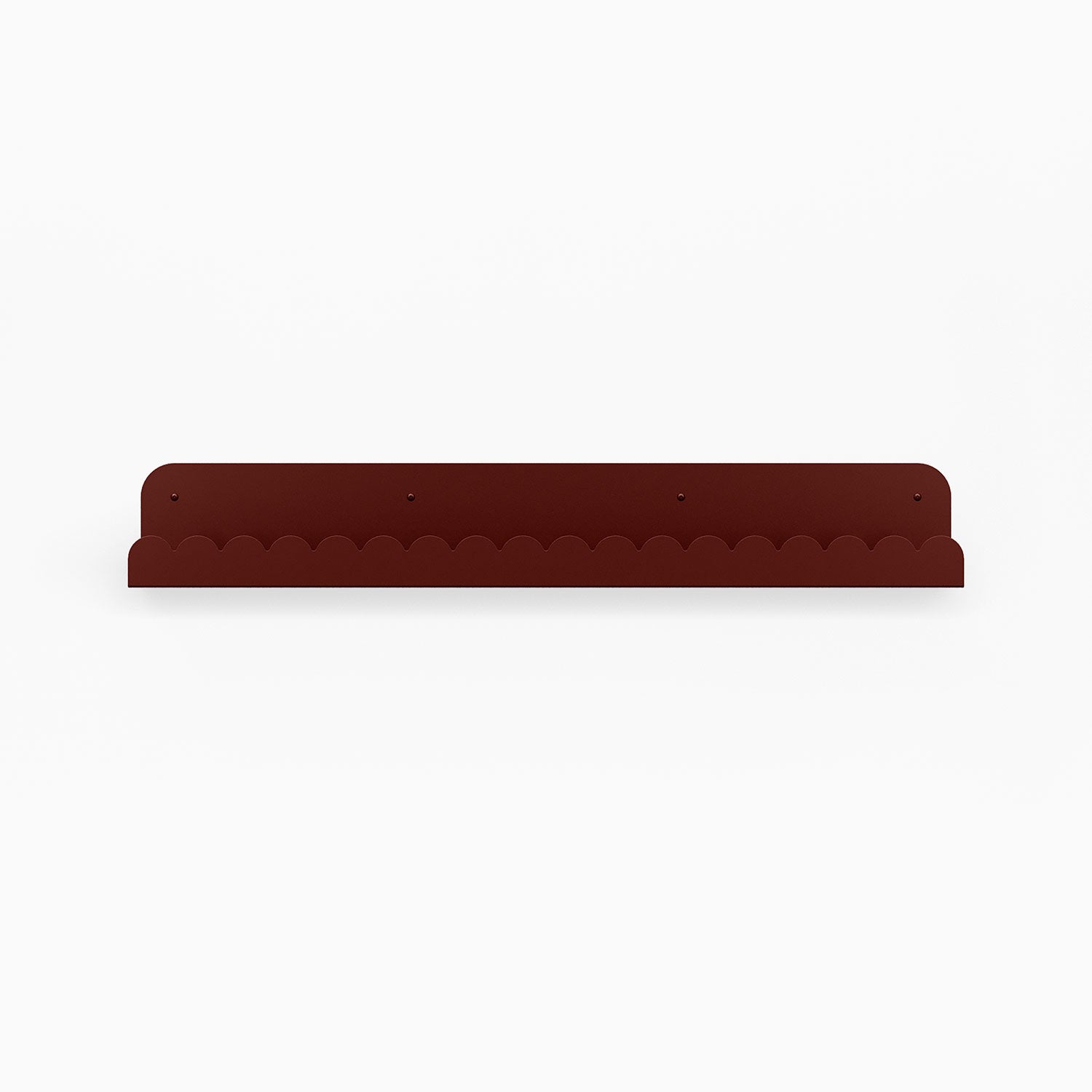Mini Bubble Picture Ledge in deep red steel with scalloped mini bubble design for elegant wall display and organization