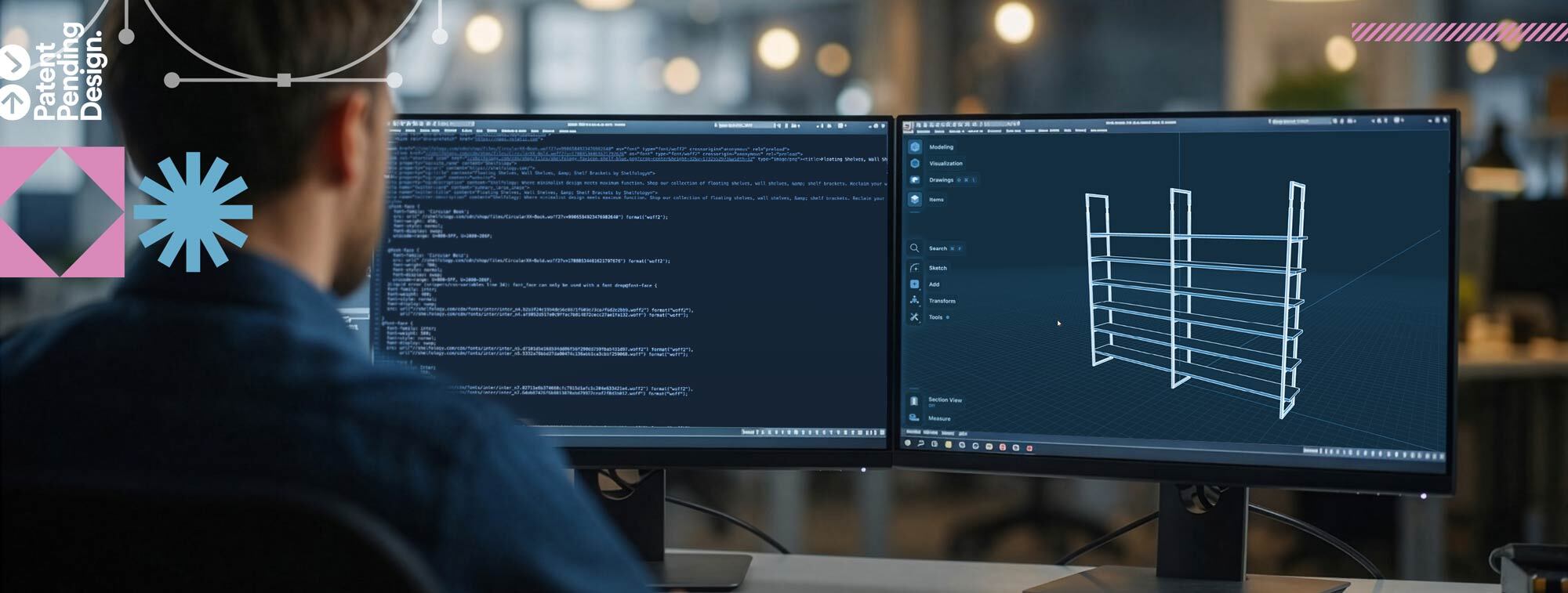 Rear view of a person working at a dual-monitor computer setup with one screen displaying programming code and the other showing a 3D model of a shelving unit in a modern office environment.