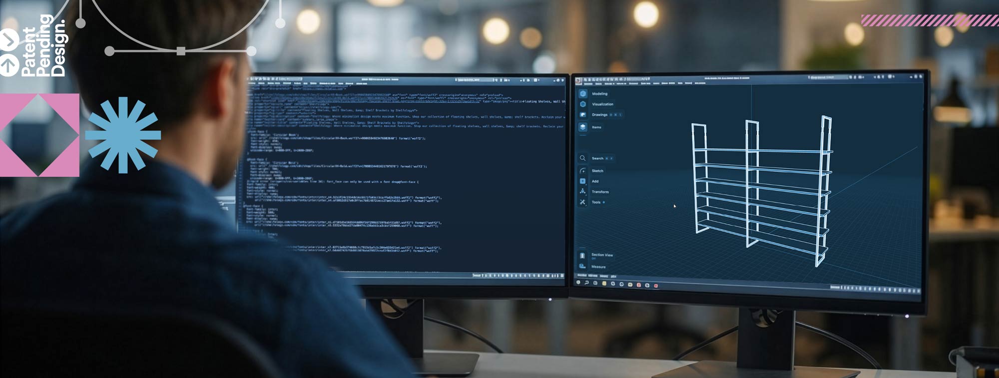 Rear view of a person working at dual monitors, one displaying programming code and the other showing a 3D design of a wall-mounted shelving unit in a modern workspace.