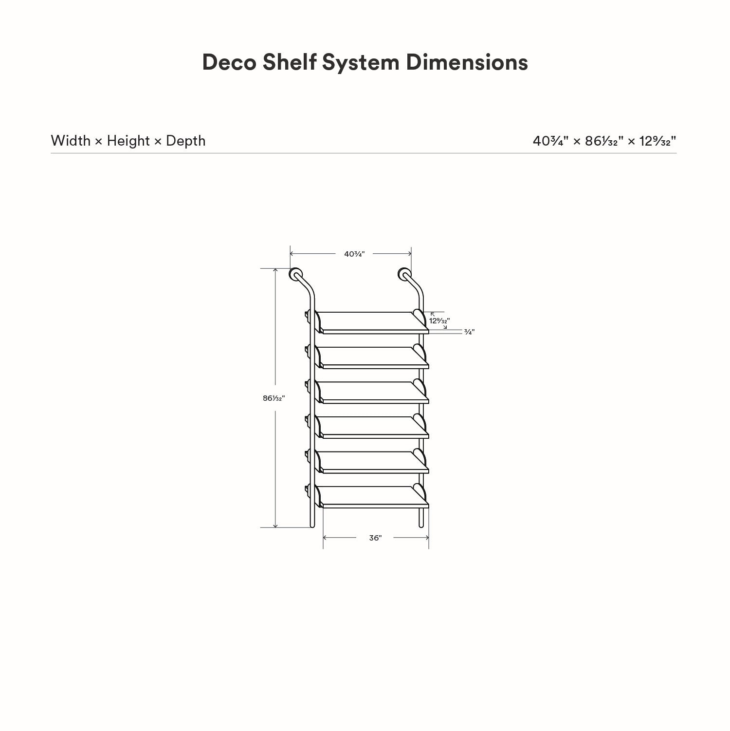 Deco Shelf System (Single Bay) technical line drawing showing the single bay wall shelf layout and mounting structure