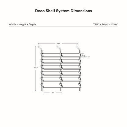 Deco Shelf System (Double Bay) technical drawing showing a two bay wall shelving system with multiple display shelves
