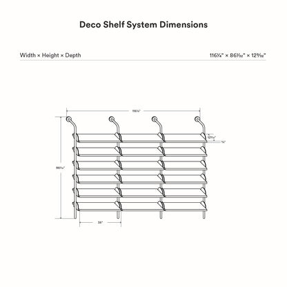 Deco Shelf System (Triple Bay) dimensional drawing showing three bay wall shelves with overall width height and depth measurements
