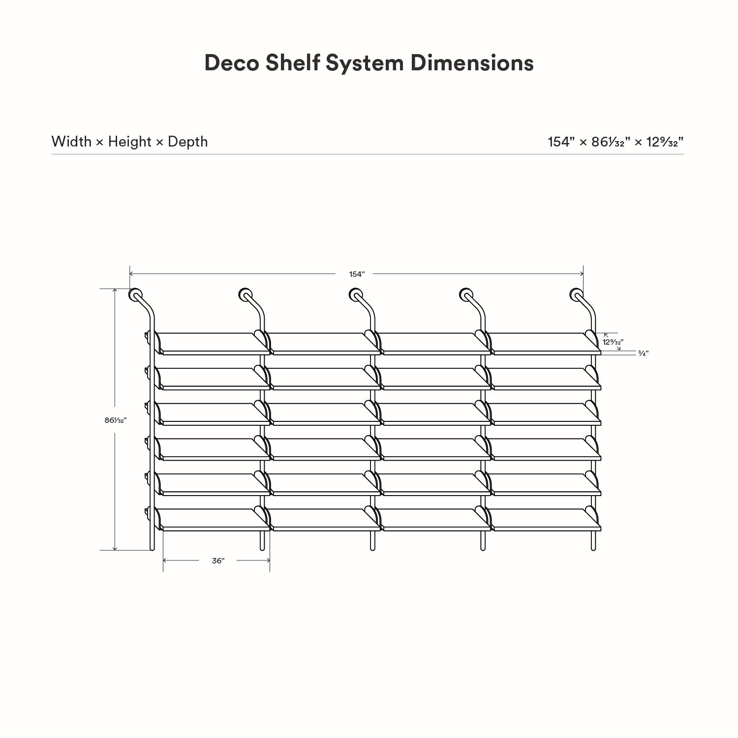 Deco Shelf System (Quadruple Bay) technical drawing showing four connected wall shelf bays with multiple tiers and support rails
