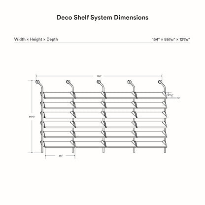 Deco Shelf System (Quadruple Bay) technical drawing showing four connected wall shelf bays with multiple tiers and support rails