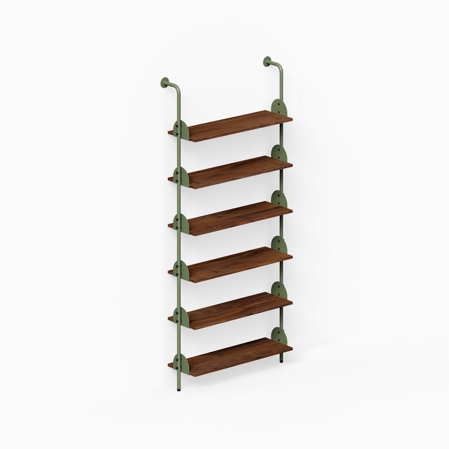 Deco Shelf System (Single Bay) with six wood shelves and slim green steel supports for organized wall display