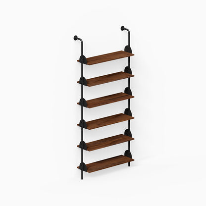 Deco Shelf System (Single Bay) with six wood shelves and black metal supports for organized wall display