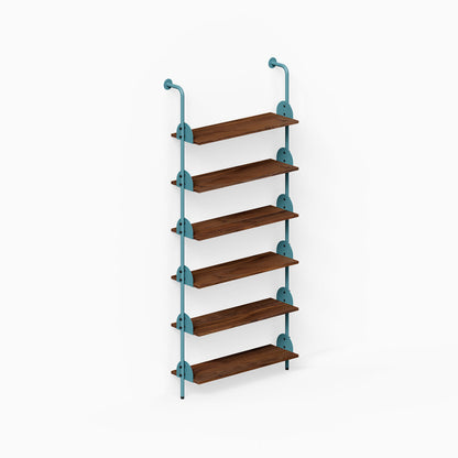 Deco Shelf System (Single Bay) with six wood shelves and teal steel rails for organized wall display