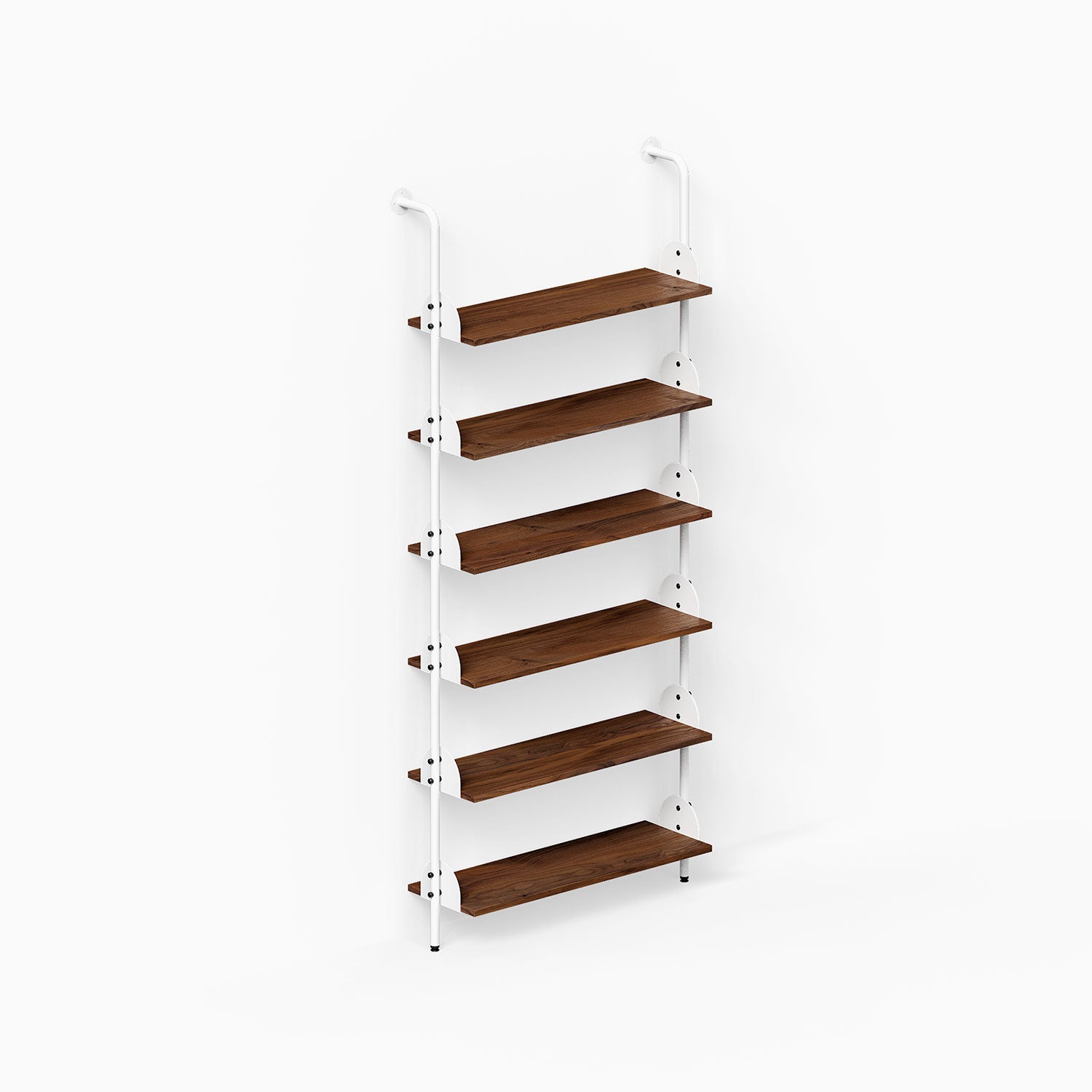 Deco Shelf System (Single Bay) with six wood shelves and white vertical rails for organized wall display