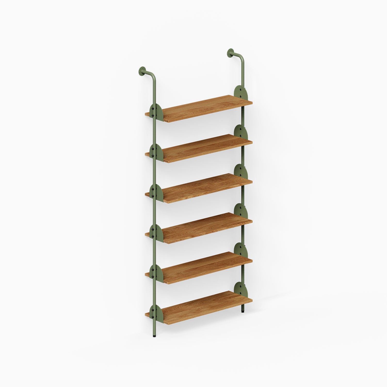 Deco Shelf System (Single Bay) with six wood shelves and green steel supports for organized vertical wall display
