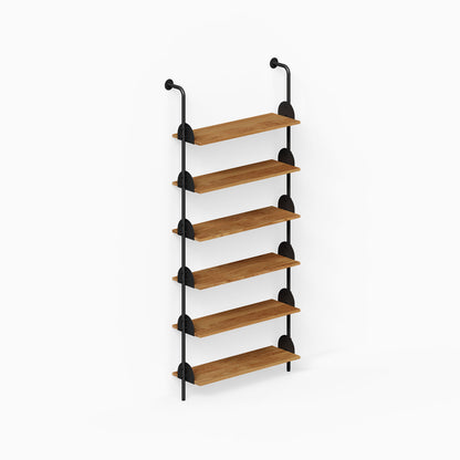 Deco Shelf System (Single Bay) with six wood shelves and black steel supports for organized wall display
