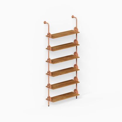 Deco Shelf System (Single Bay) with six wood shelves and copper toned vertical supports for organized wall display