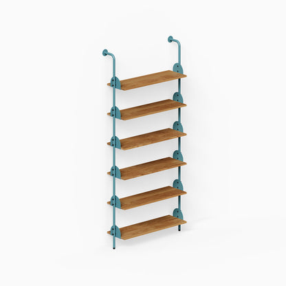 Deco Shelf System (Single Bay) with six wood shelves and teal metal supports for organized wall display
