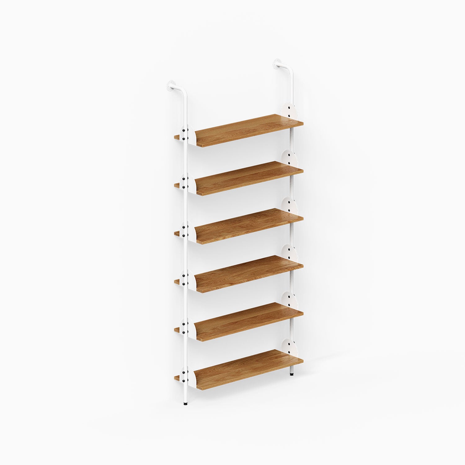 Deco Shelf System (Single Bay) featuring six wood shelves and white vertical supports for organized wall display