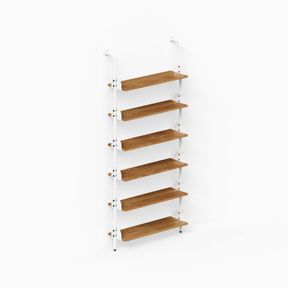 Deco Shelf System (Single Bay) featuring six wood shelves and white vertical supports for organized wall display