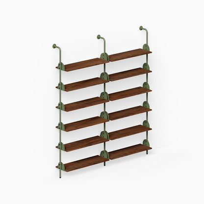 Deco Shelf System (Double Bay) with six tiers of wood shelves and green steel supports for organized wall display
