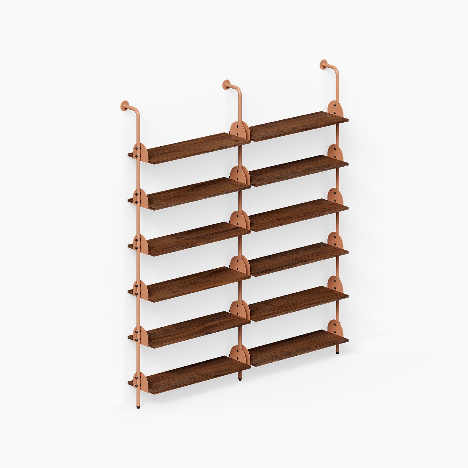 Deco Shelf System (Double Bay) with six wood shelves and vertical metal supports for organized wall display