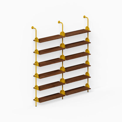 Deco Shelf System (Double Bay) with wood shelves and gold metal supports for spacious wall display and organization