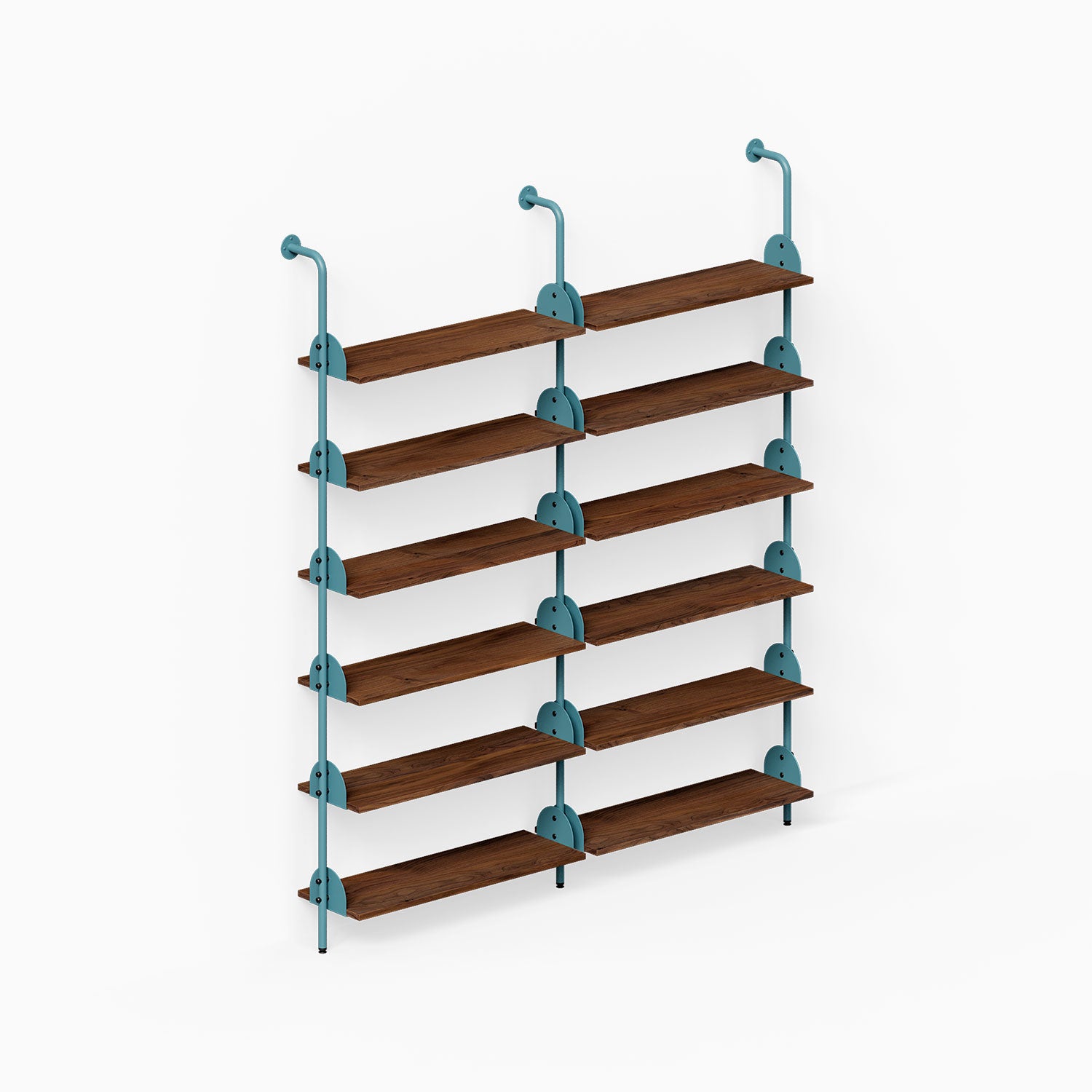Deco Shelf System (Double Bay) featuring six wood shelves on a teal metal frame for organized wall display