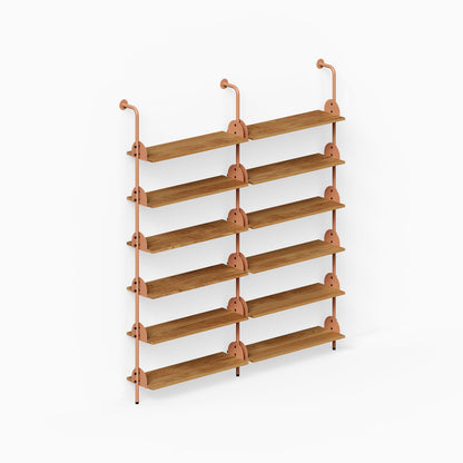 Deco Shelf System (Double Bay) with wood shelves and copper toned metal supports for organized wall display