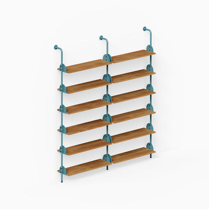 Deco Shelf System (Double Bay) with wood shelves and teal metal supports for organized wall display