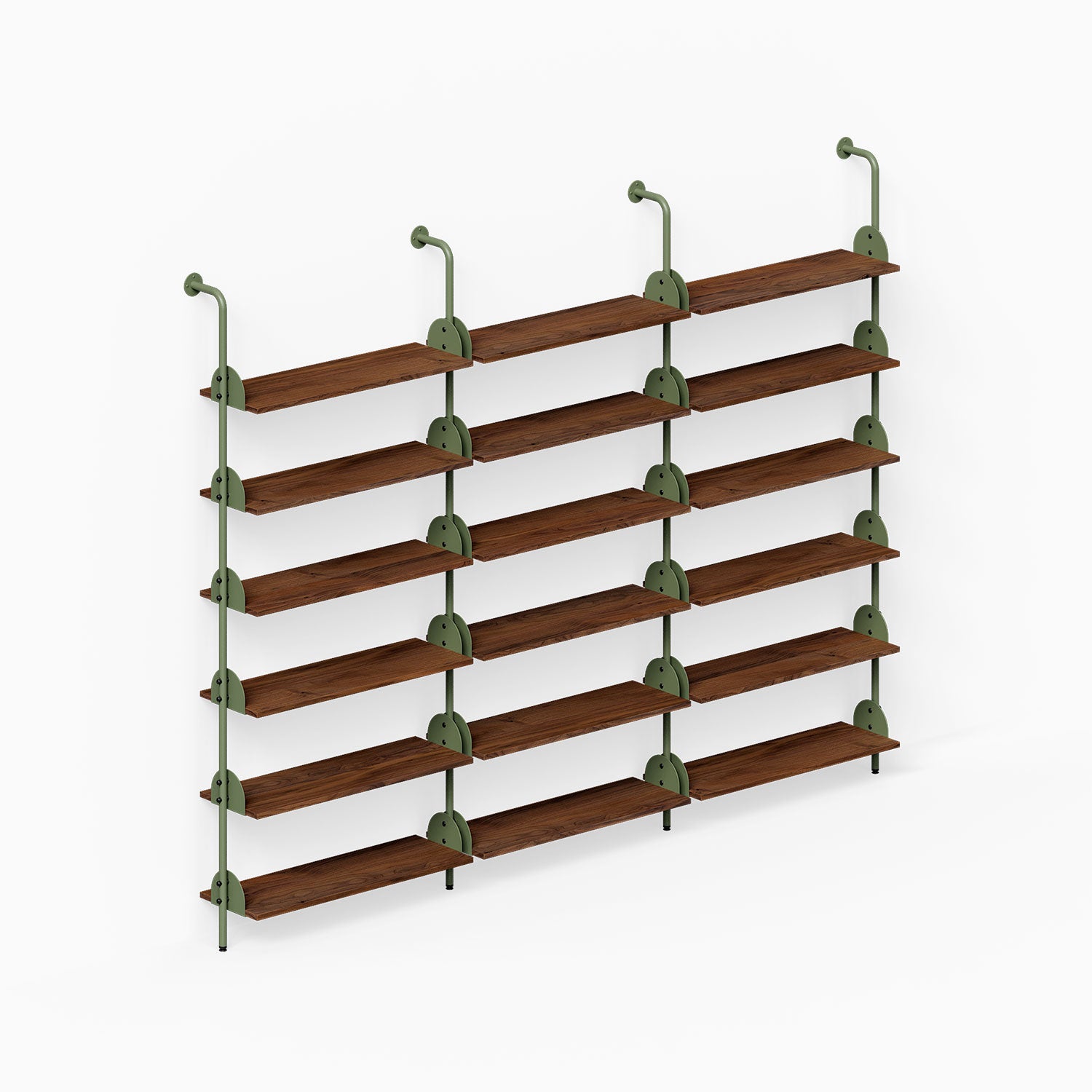 Deco Shelf System (Triple Bay) with dark wood floating shelves and green metal supports for organized wall display