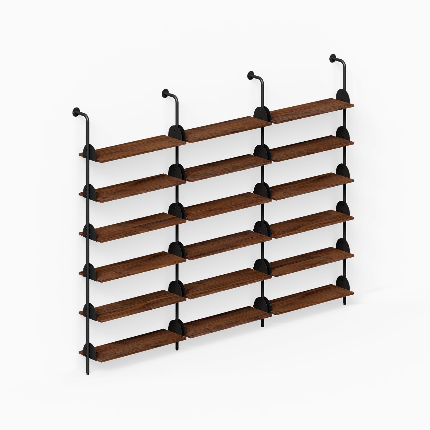 Deco Shelf System (Triple Bay) with wood shelves and black steel supports for organized wall display and decor