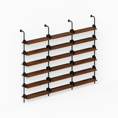 Deco Shelf System (Triple Bay) with wood shelves and black steel supports for organized wall display and decor
