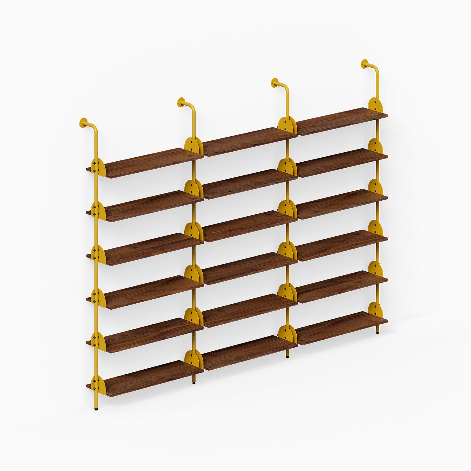 Deco Shelf System (Triple Bay) with three bays of dark wood shelves and gold metal supports for organized wall display