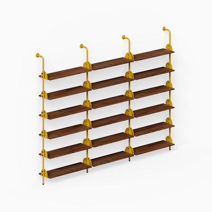 Deco Shelf System (Triple Bay) with three bays of dark wood shelves and gold metal supports for organized wall display