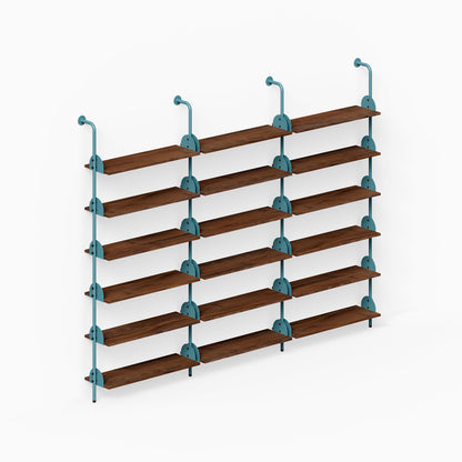 Deco Shelf System (Triple Bay) with three steel rails and five rows of dark wood wall shelves for organized display