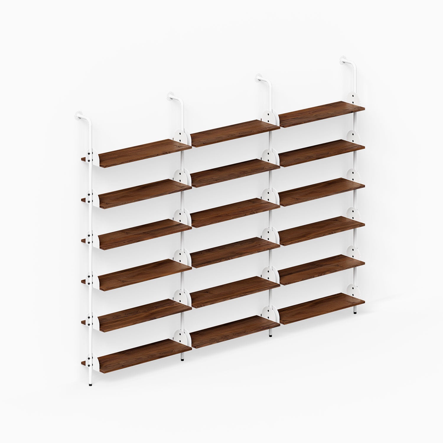 Deco Shelf System (Triple Bay) wall mounted wood and steel shelves in three bays for organized display