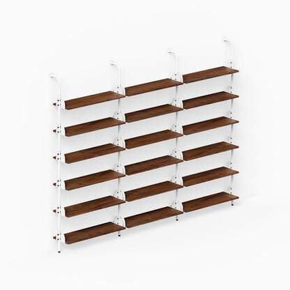 Deco Shelf System (Triple Bay) wall mounted wood and steel shelves in three bays for organized display
