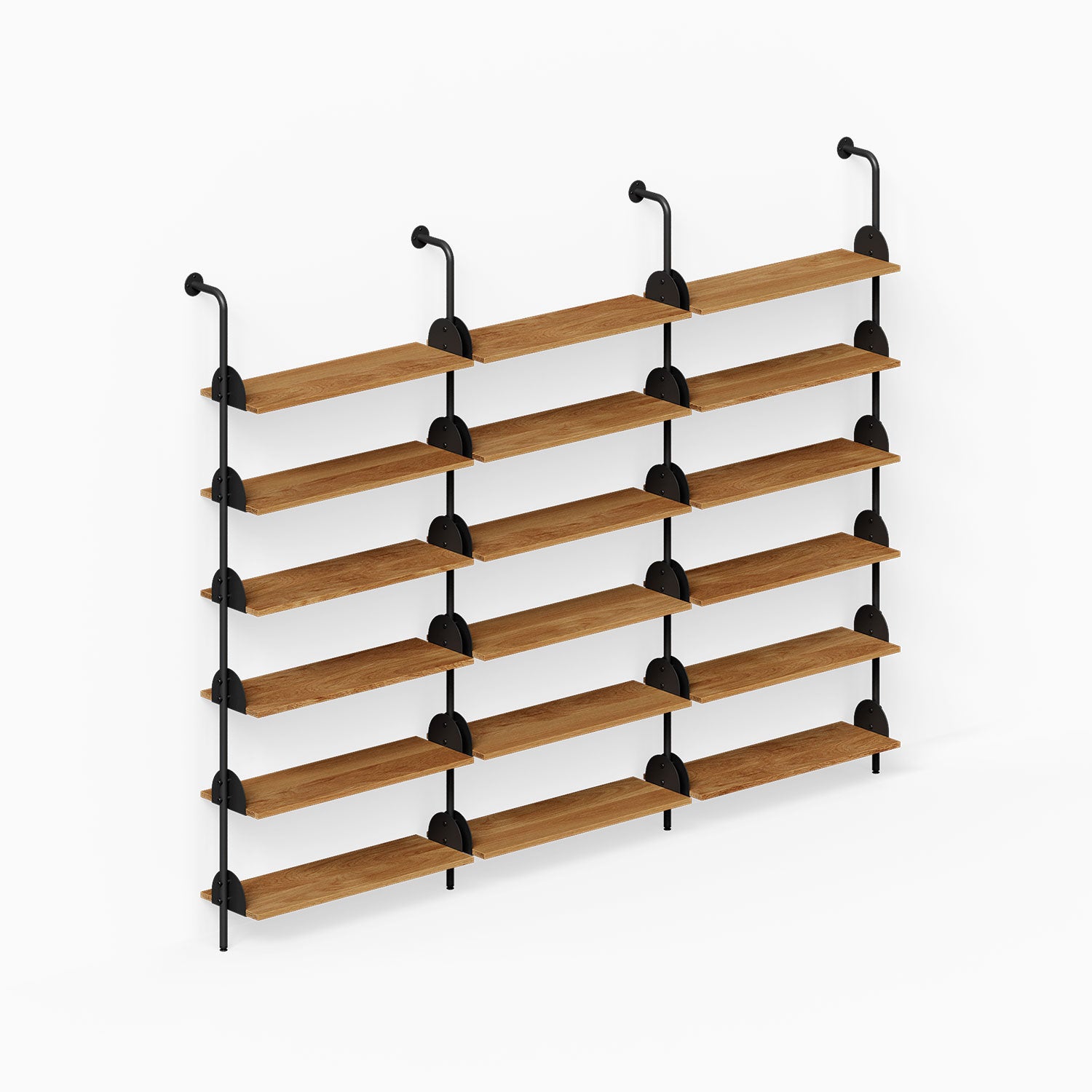 Deco Shelf System (Triple Bay) featuring wood wall shelves and black steel supports for organized display