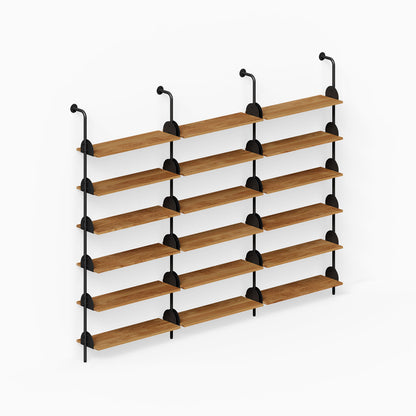 Deco Shelf System (Triple Bay) featuring wood wall shelves and black steel supports for organized display