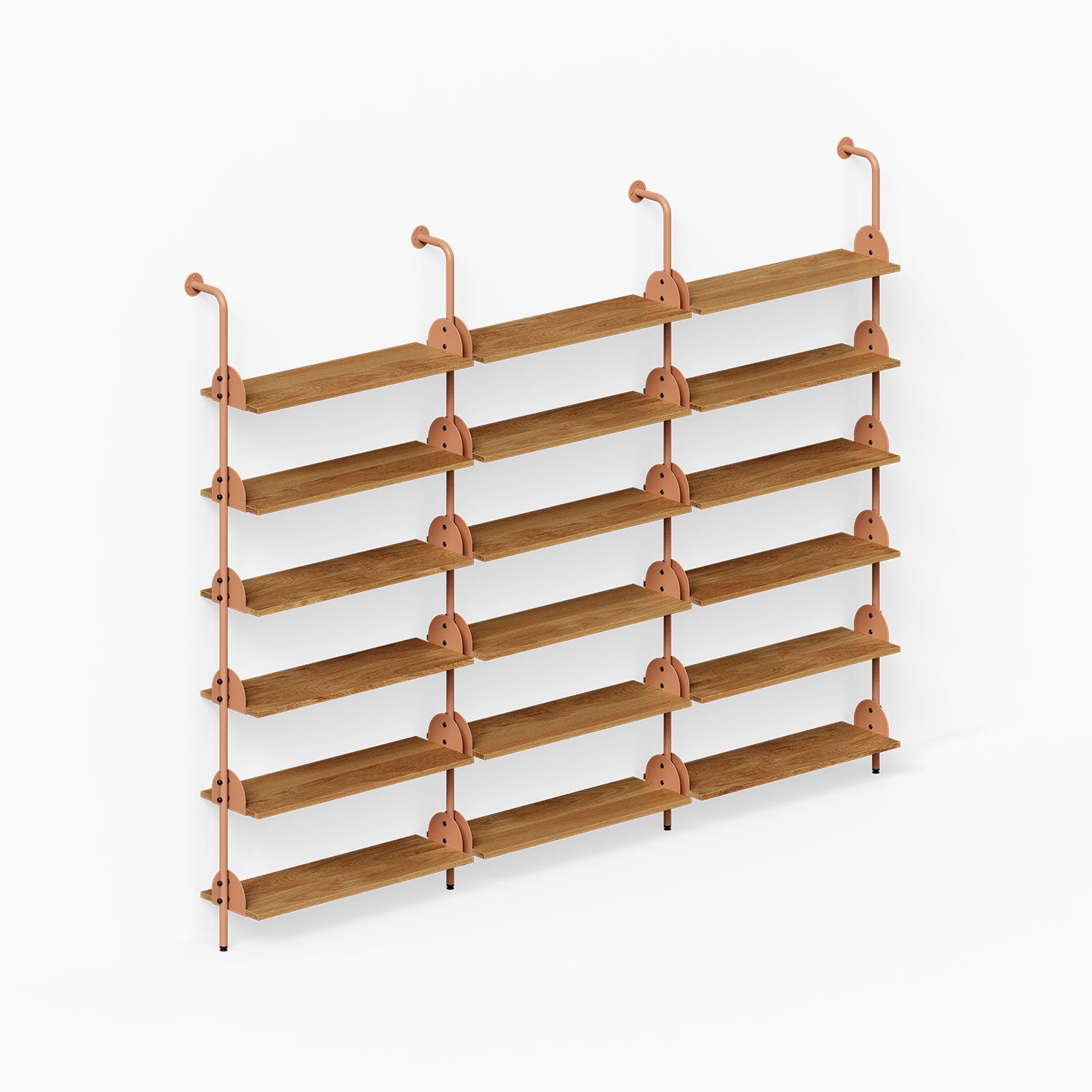 Deco Shelf System (Triple Bay) with wood shelves and metal supports for organized wall display and decor storage