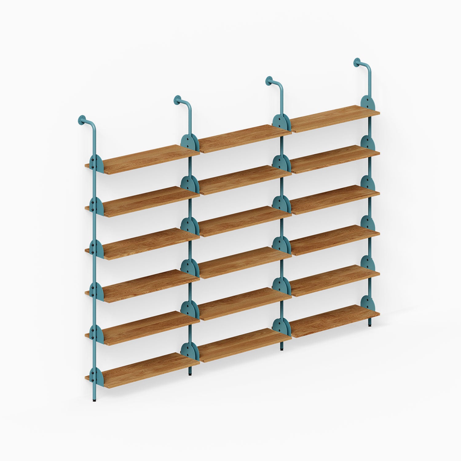 Deco Shelf System (Triple Bay) with wood shelves and teal steel supports for organized wall display
